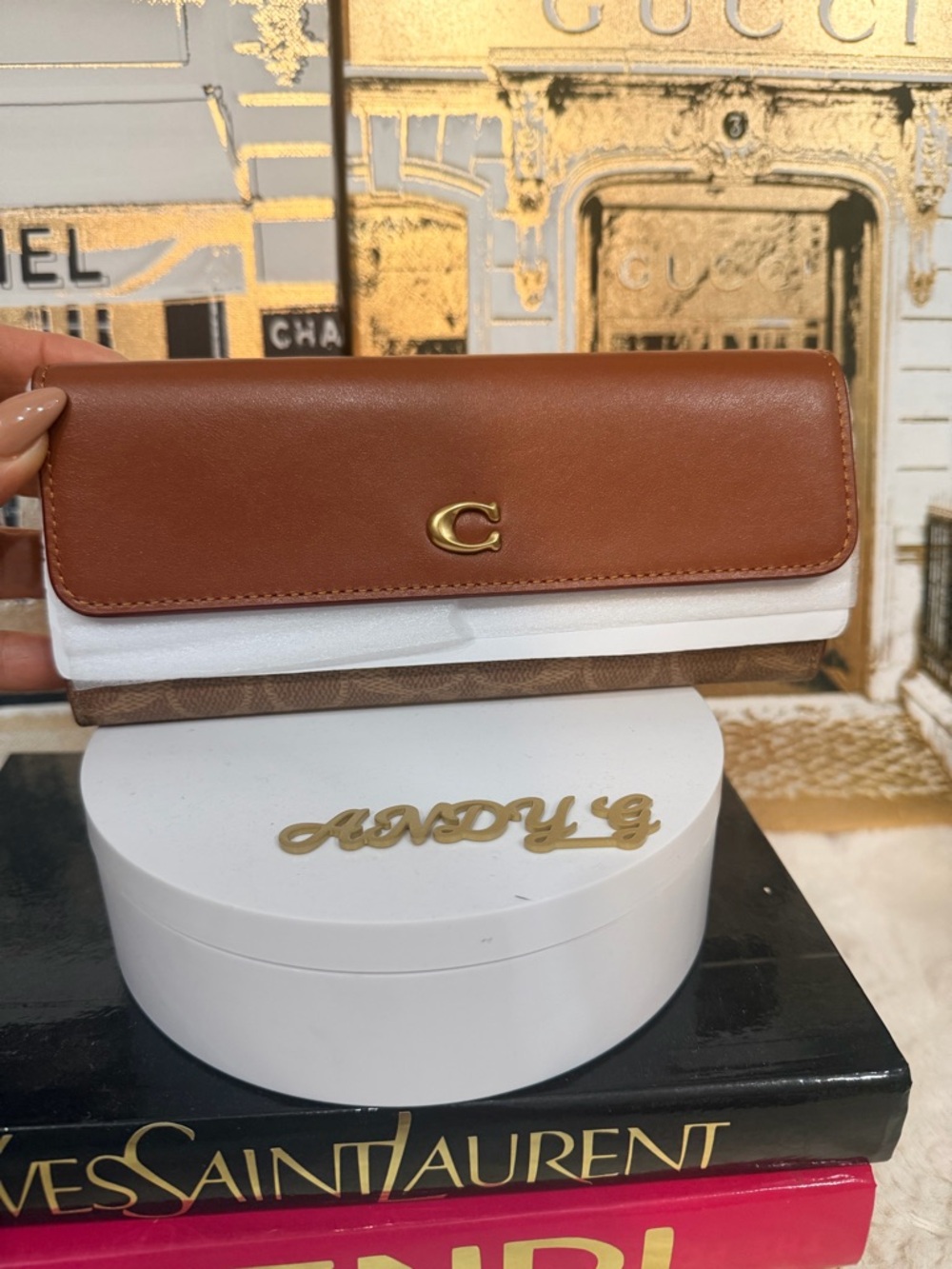 Coach Brown and White Foldover Wallet Clutch with Gold C Logo